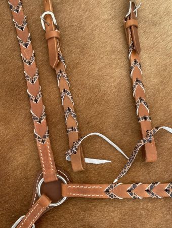 Showman Argentina cow harness Leather one ear headstall and breast collar set with cheetah print lacing #3